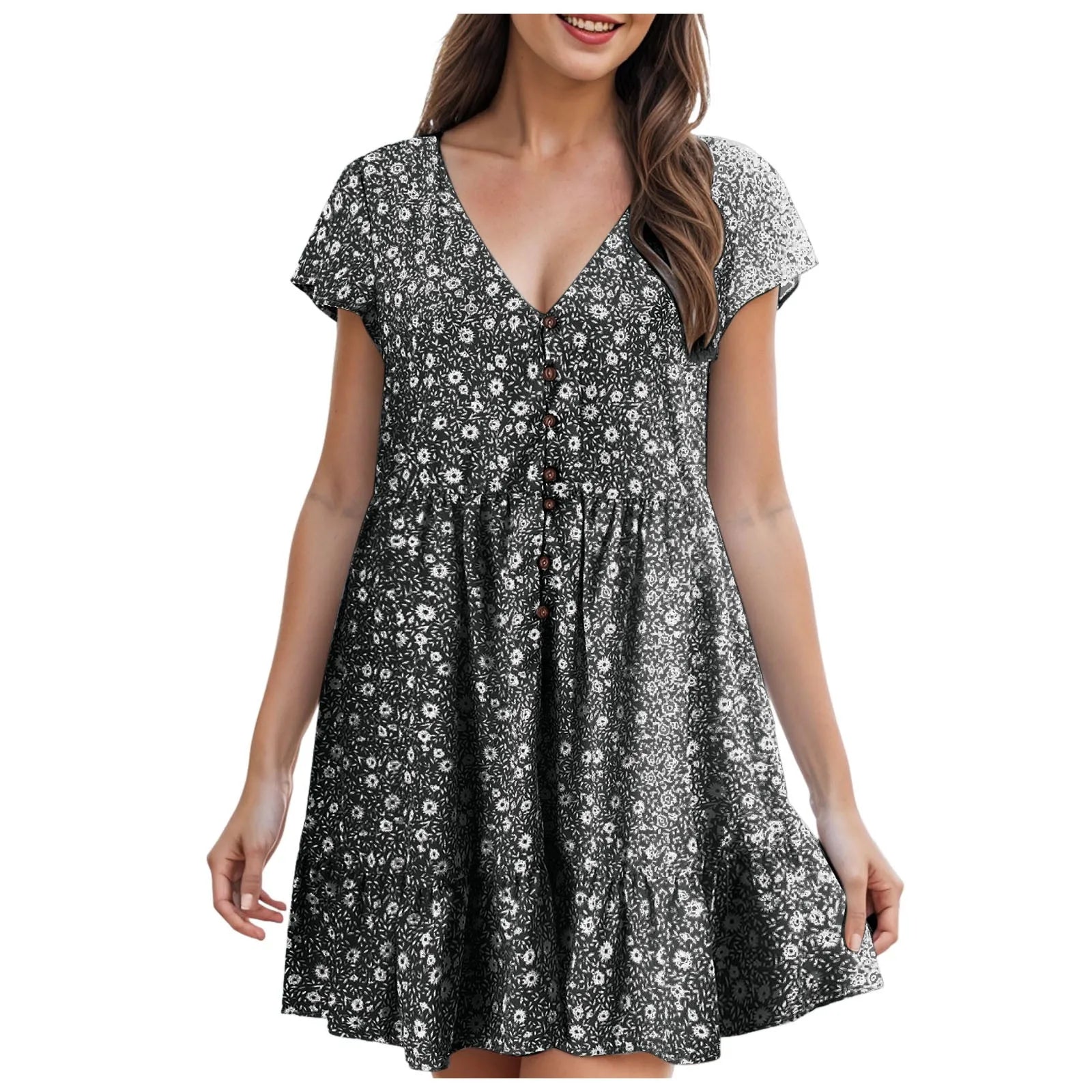 Summer Korean New Small Floral Dress Casual V Neck Button Dress For Women Short Sleeved Loose T Shirt Dresses Vestidos De Fiesta