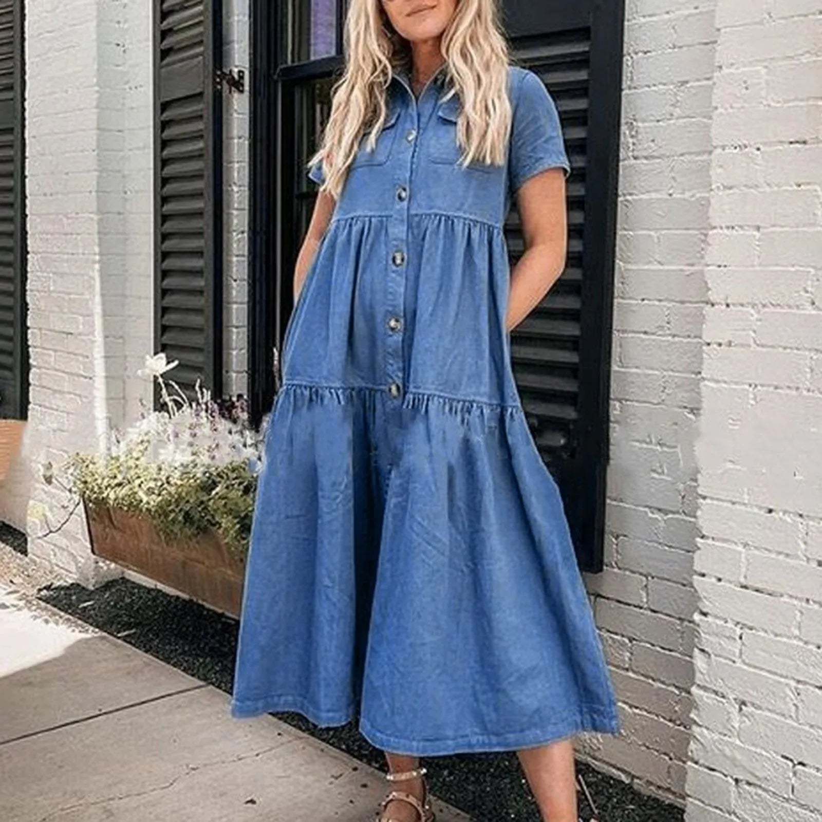 Casual Denim Dresses For Weddings As A Guest Formal Lengthen Solid Color Short Sleeves Dress With Pockets Turndown Collar Dress