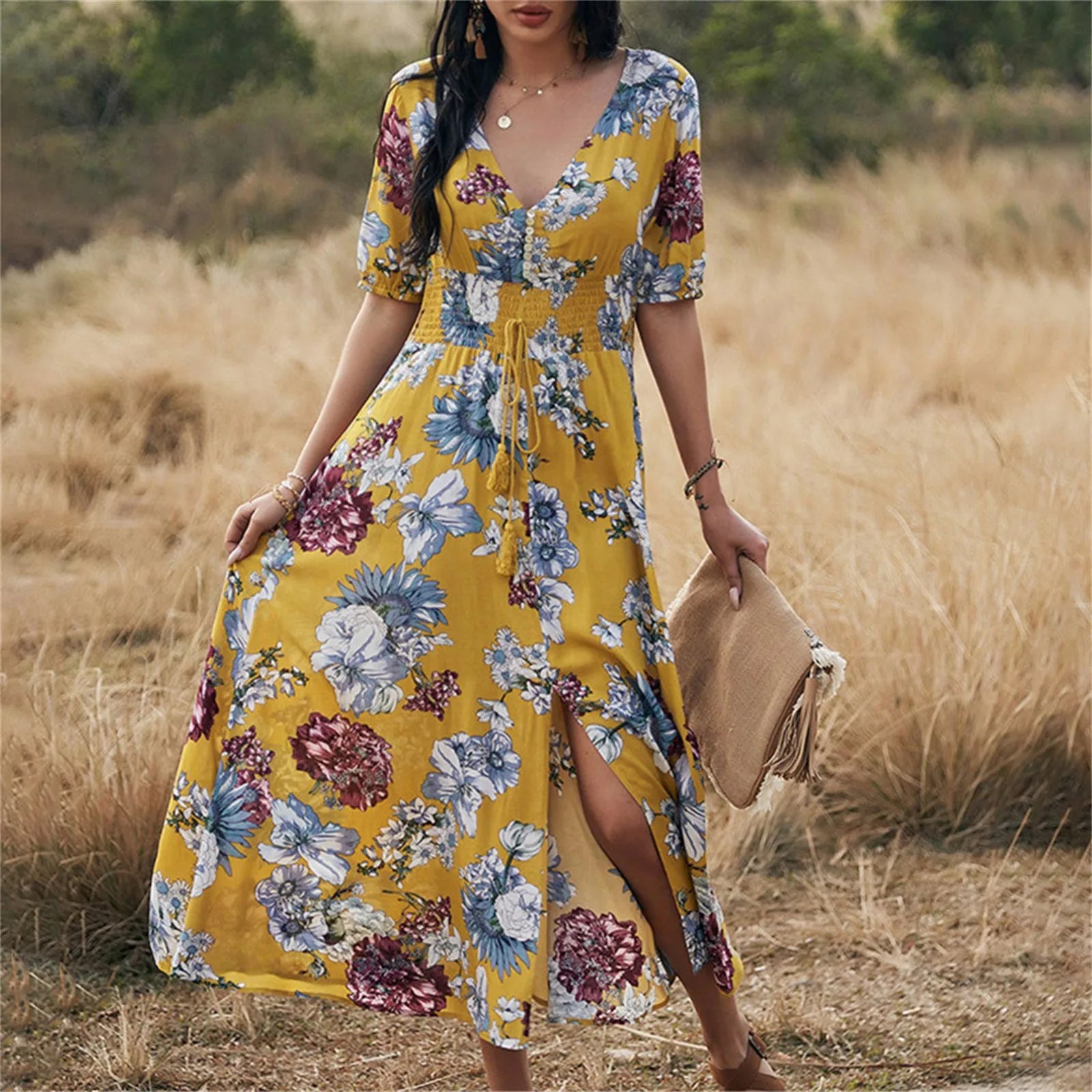 Floral Printing V Neck Holiday Style Dress Formal Dresses For Wedding Guest Side High Slit Middle Sleeves Long Dresses платье