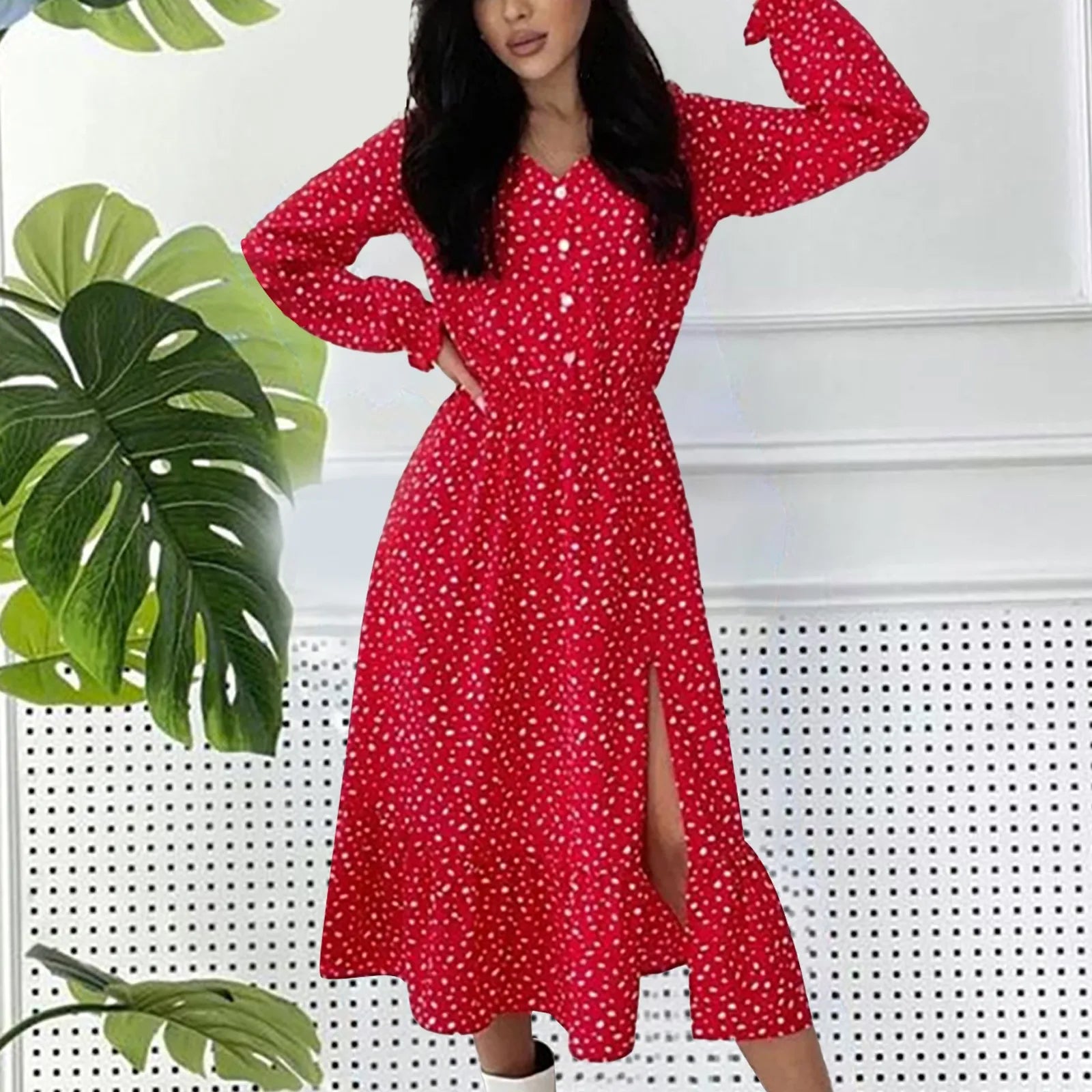 Dresses Ladies Elegant Ruffle Long Sleeve Polka Dot V Neck Button Chiffon Dresses Boho A Line Long Dresses Woman'S Dresses