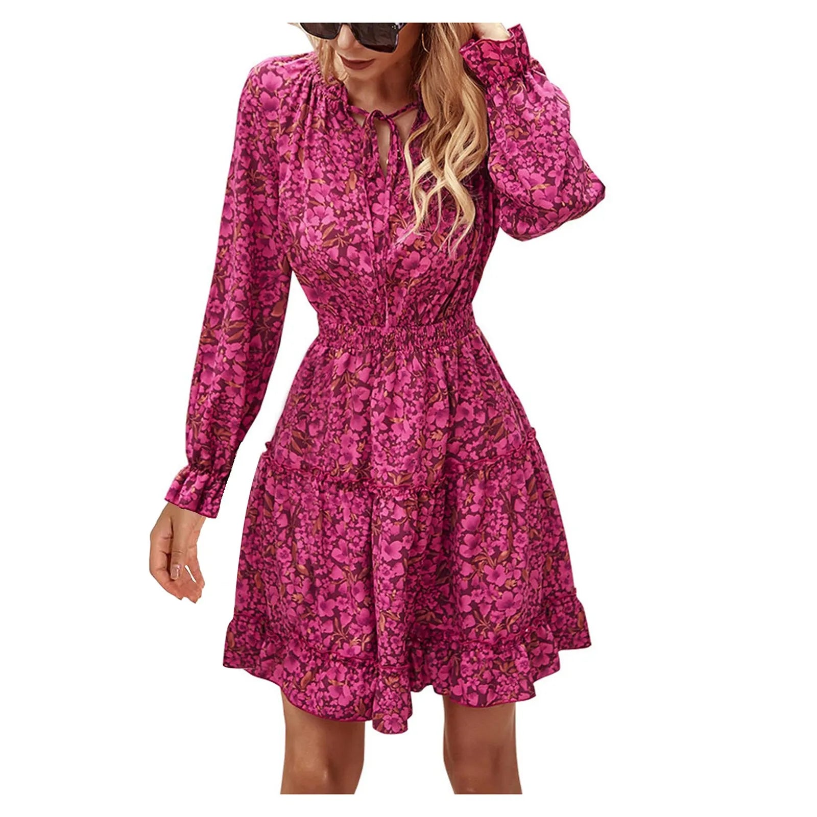 New In Plus Size Mini Dress Cocktail Evening Floral Print Long Sleeve Crewneck Ruffle Short Dresses Evening Party Dresses