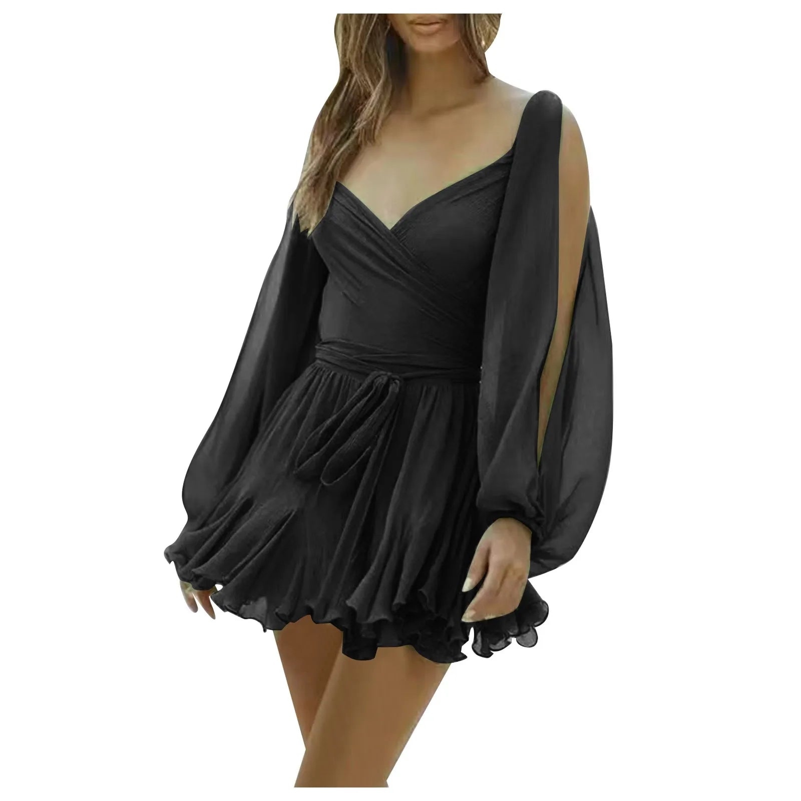 Backless Chiffon Sundress Sexy Hot Girl Dress Hollow Long Sleeve Off Shoulder Dress V Neck Slim Waist Swing Mini Dresses платье