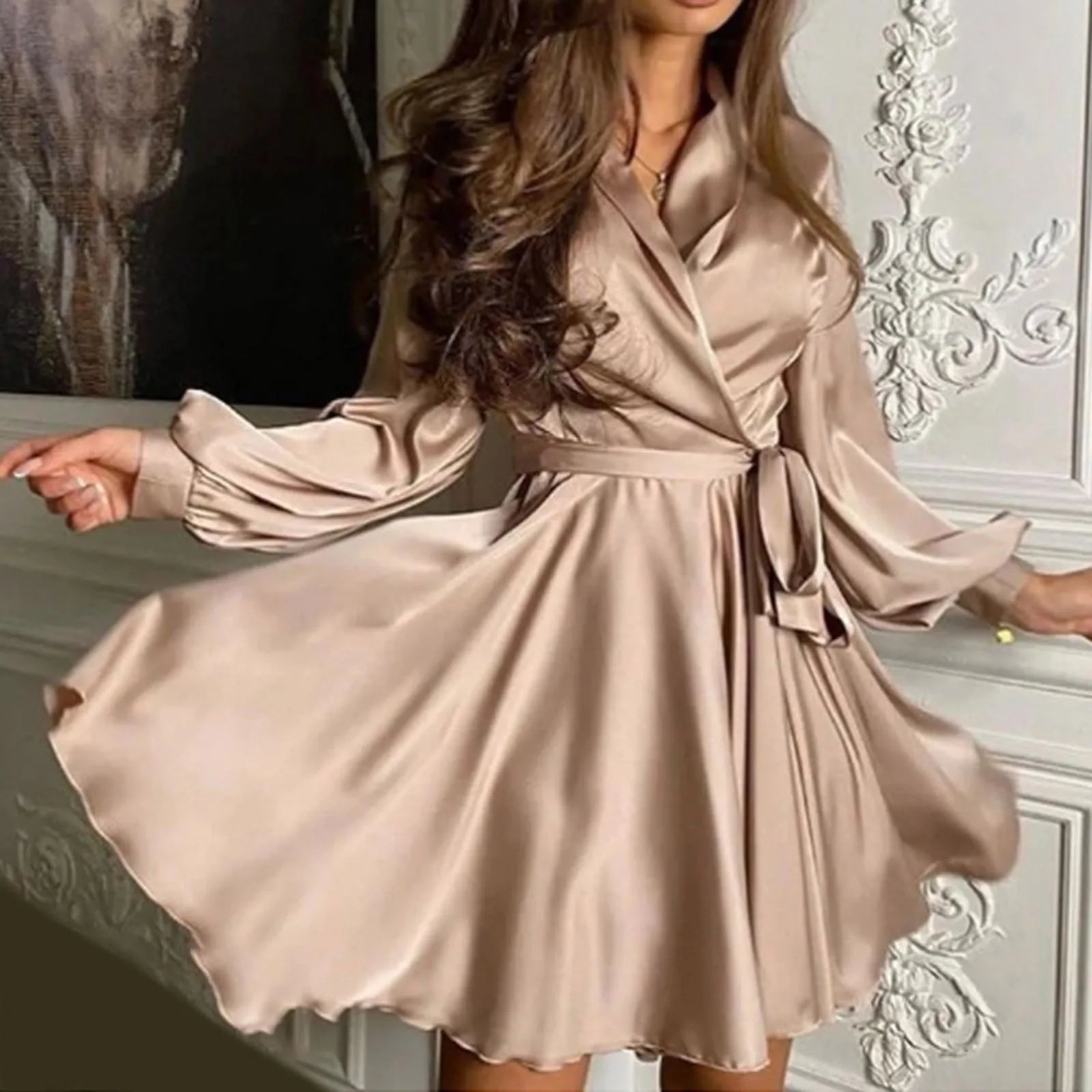 Summer Trend Split Birthday Party Clubwear Long Sleeves V Neck Casual Flowy Dress Solid Color Satin Mini Dresses Vestidos Cortos