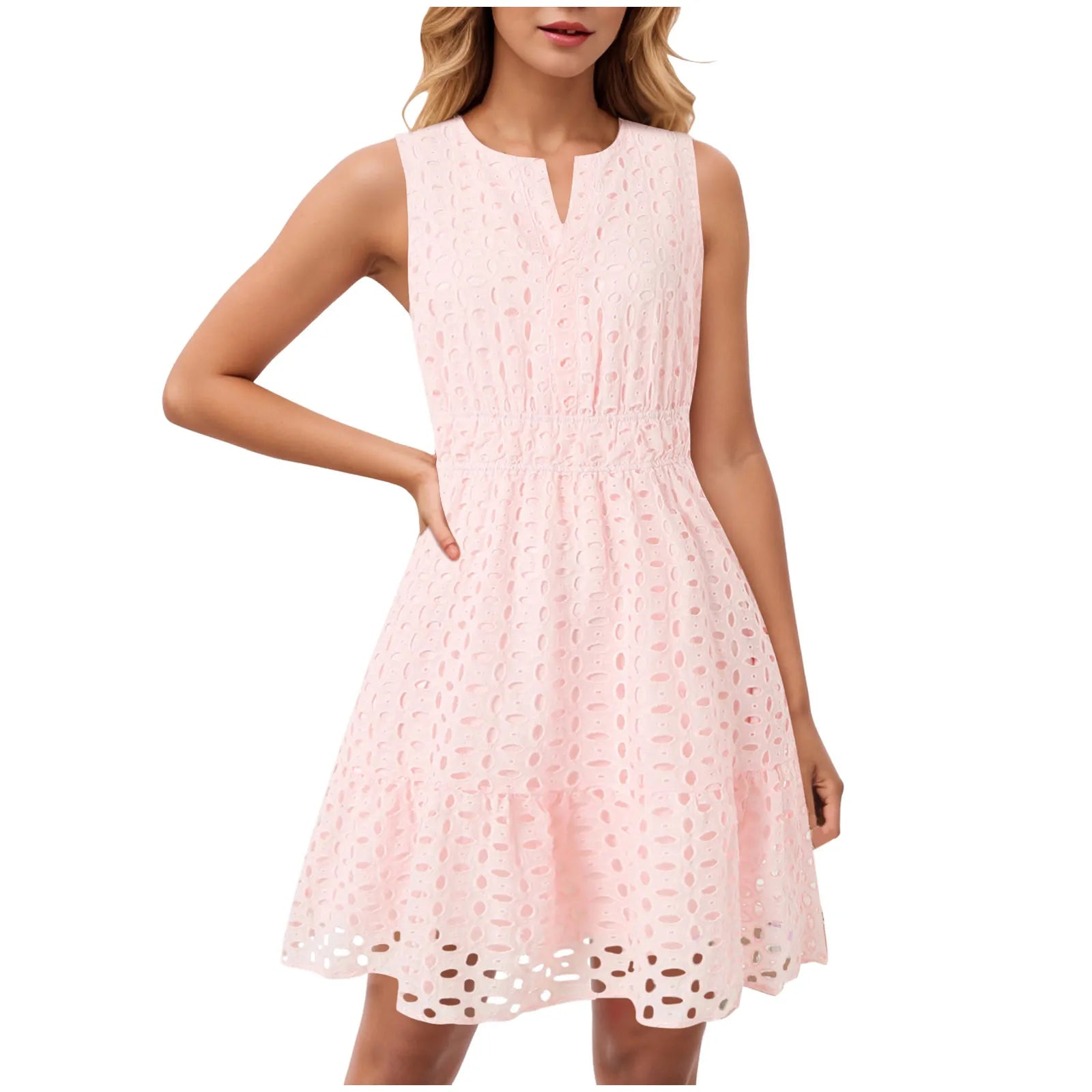 Dress Long Casual For Women Women Summer Sleeveless Dress V Neck Hollow Solid Color High Waist A Line Skirt New Years Outfits