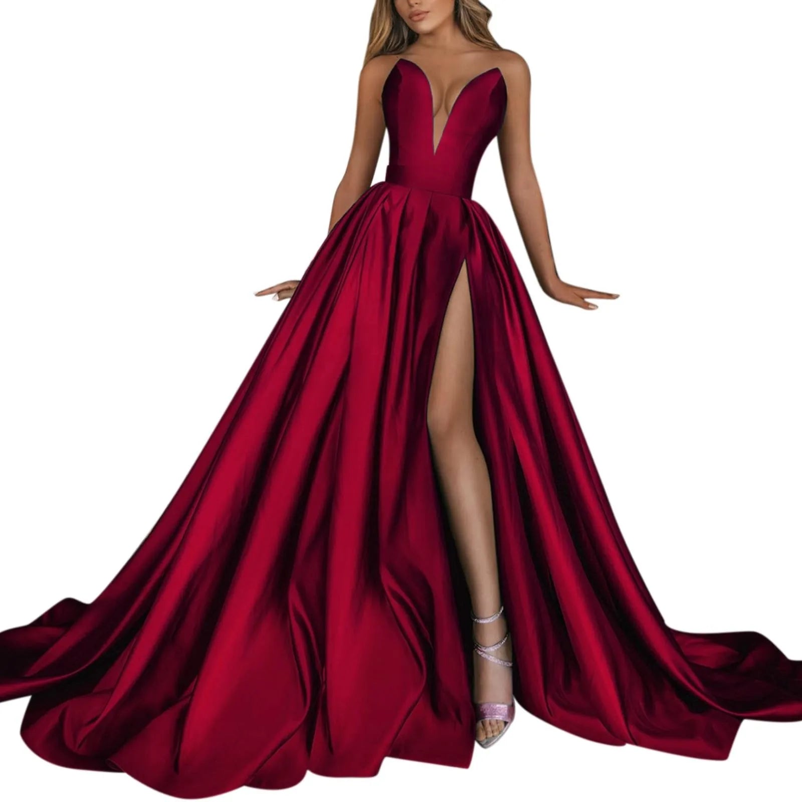 Satin Slip Strapless Prom Dresses Evening Gown Slim Elastic Waist Party Dress Elegant High Split Pleated Long Dresses Vestidos