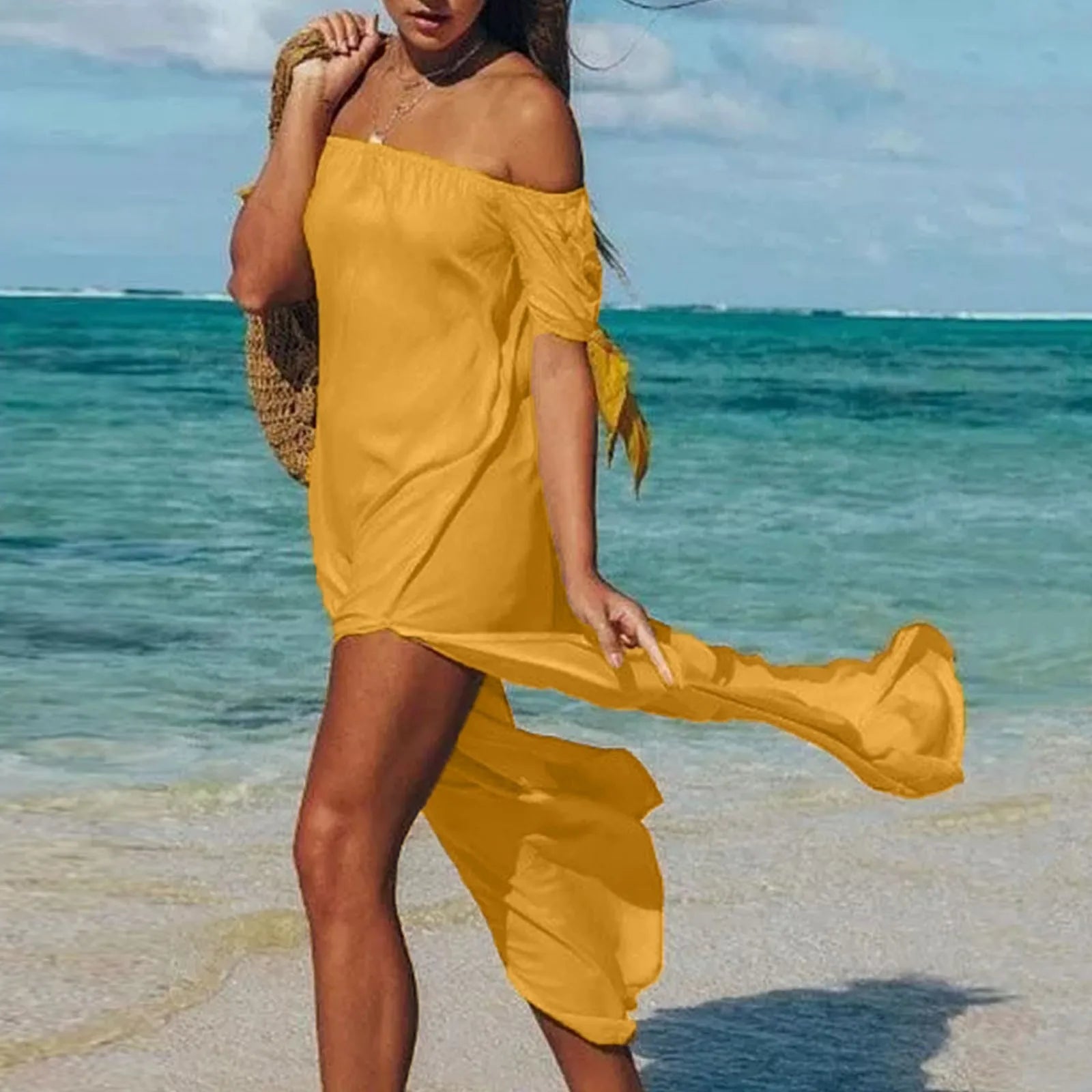 Women Off Shoulder Knotted Short Sleeved Dress For Women Elegant Sexy Clothing Off Shoulder High Slit Short Sleeves Long Dresses