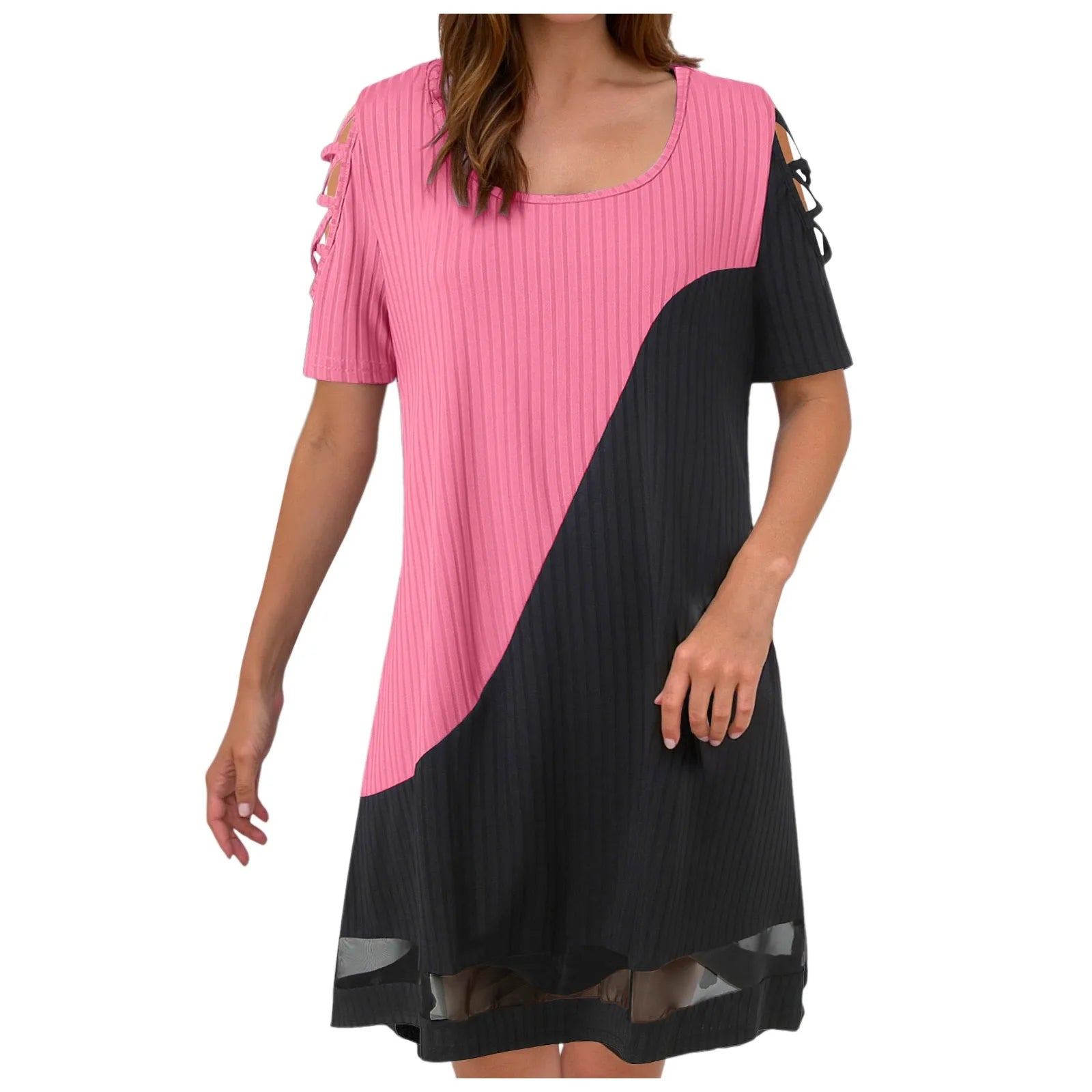 Dresses For Small Women Ladies Temperament Color Blocked Hollow Mesh Mesh Contrasting Formal Dresses For Women Short Length