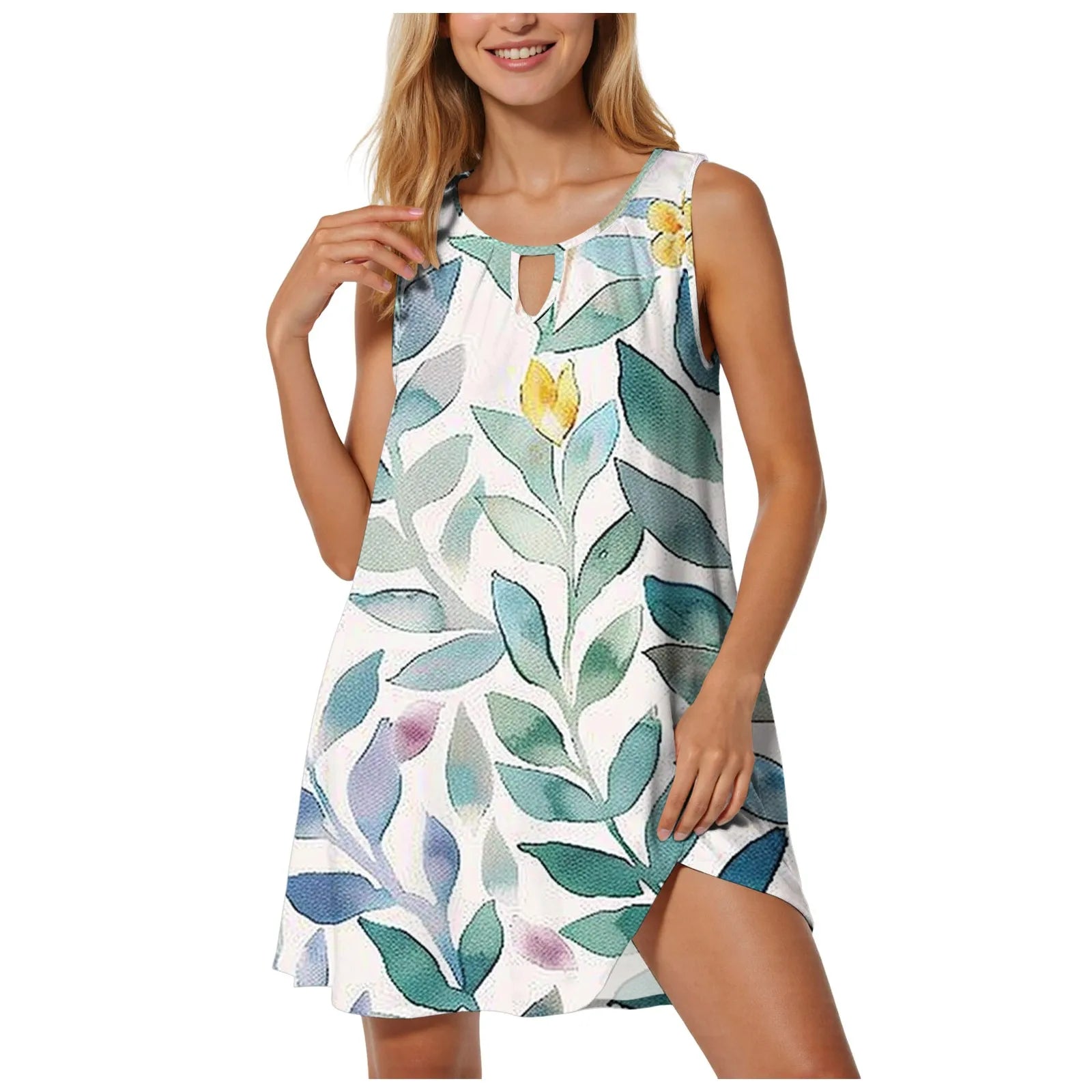 Women T Shirt Dresses Knee Length Vintage Printed Casual Dress Round Neck Sleeveless Boho Mini Dresses сарафан женский летний