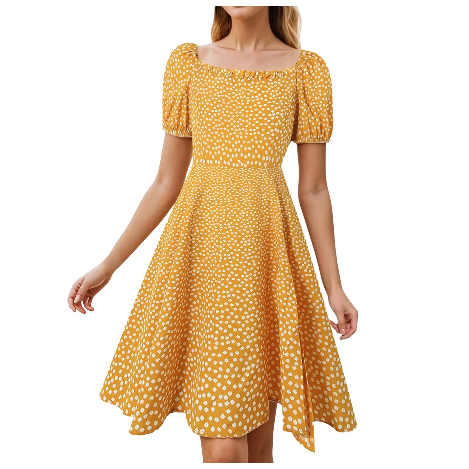 Body Midi Dresses For Women Square Neck Bubble Sleeves Floral Sexy Dress Short Sleeved Semi Formal Dress Teen Vestidos De Fiesta