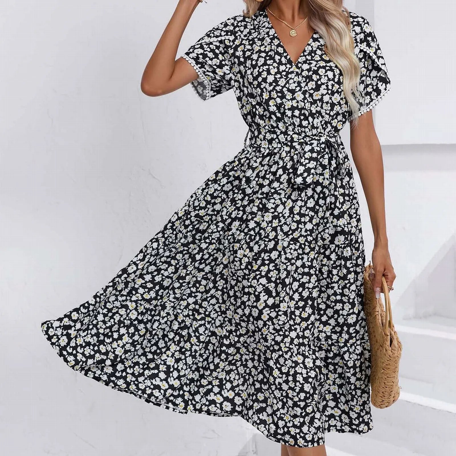 A Line Bohemian Ladies Dresses Summer Sale Floral V Neck Short Sleeve Belted Ruffle Hem Midi Dresses For Women Plus Size