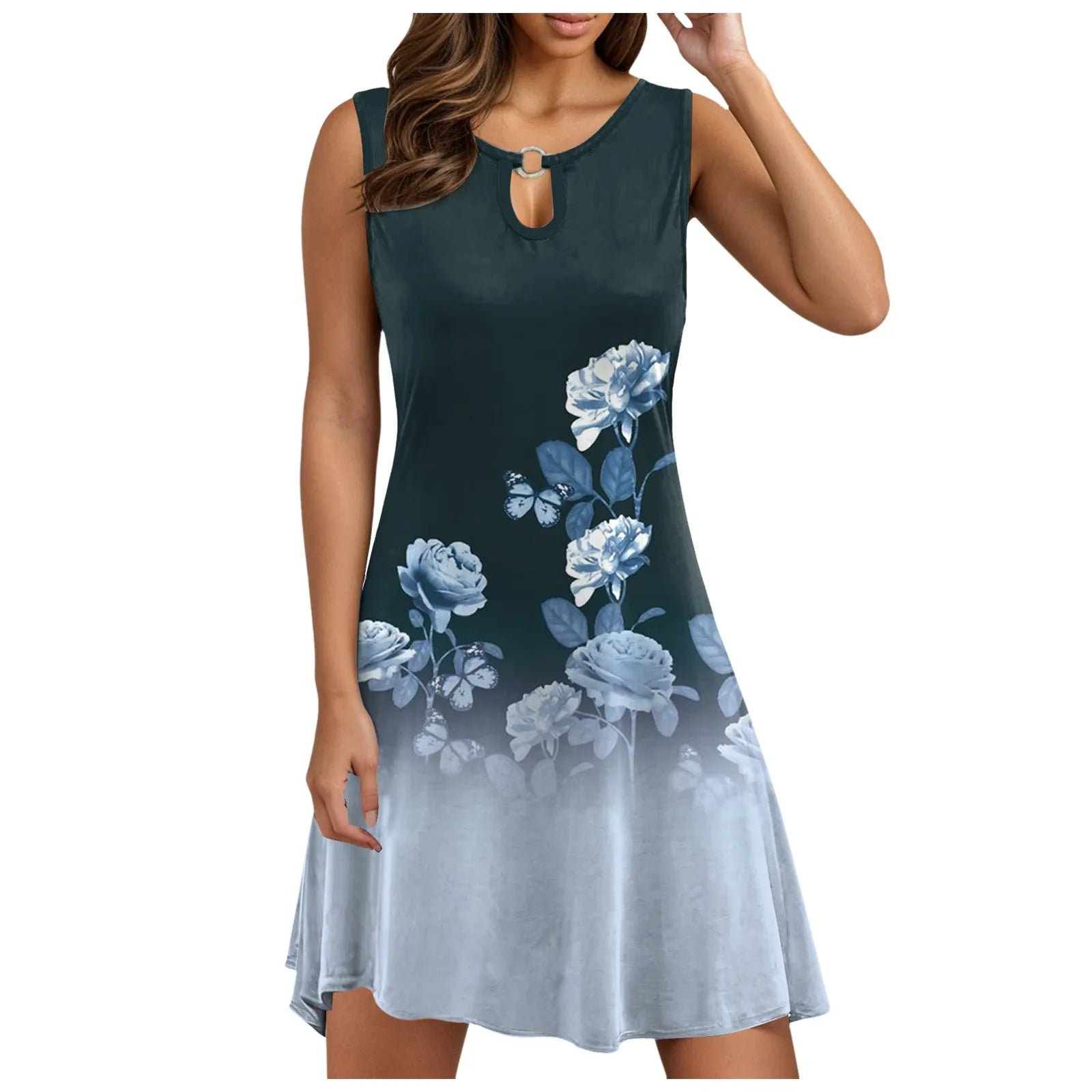 Vintage Floral Pattern Dresses For Juniors Loop Sleeveless Round Neck Beach Dress Womens Collar Buckle A Line Dresses Vestidos