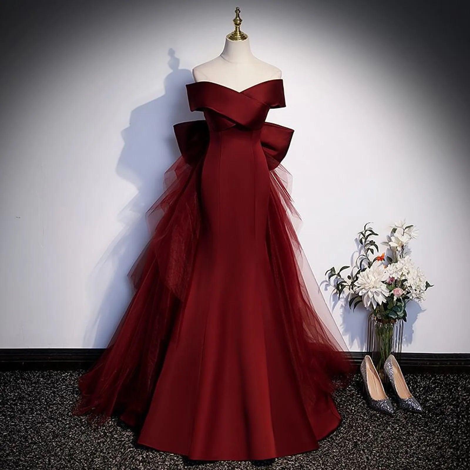 One Shoulder Trumpet Long Dresses Wine Red Evening Gown Dress Back Big Bow Light Gauze Wedding Dress For Women Vestido Feminino
